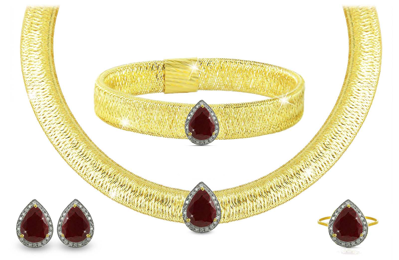 Vera Perla 18K Gold 0.60ct Diamonds, Ruby  Jewelry Set - 4 pcs.